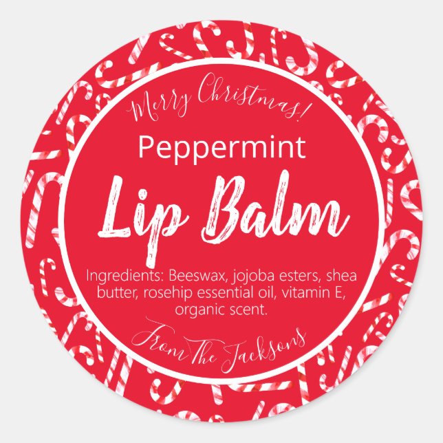 Pegatina Redonda Navidades rojos Candy Cane Peppermint Lip Balm Eti (Anverso)