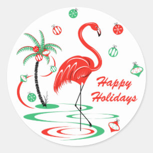 Pegatina Redonda Navidades rojos Flamingo Baubles Vacaciones alrede