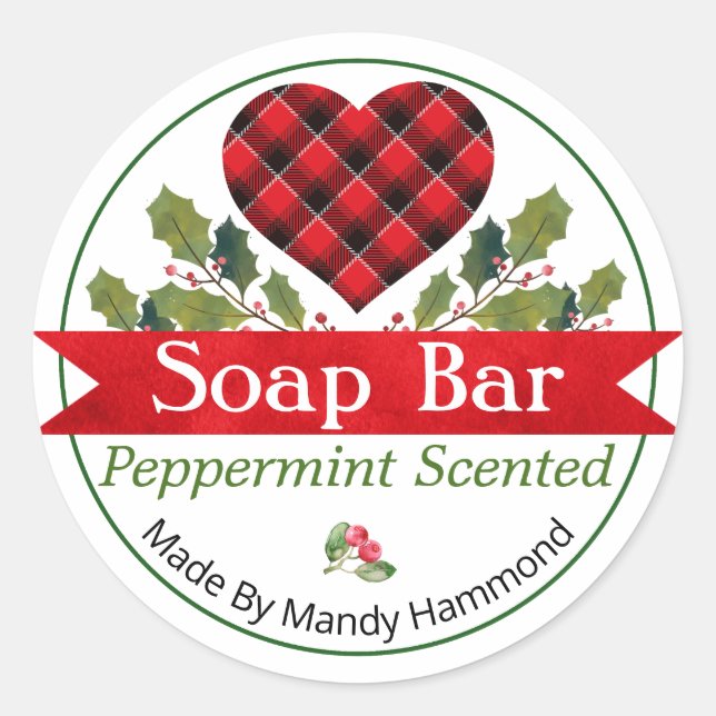 Pegatina Redonda Navidades rojos Holly Plaid Heart Soap Bar Labs (Anverso)