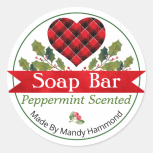 Pegatina Redonda Navidades rojos Holly Plaid Heart Soap Bar Labs