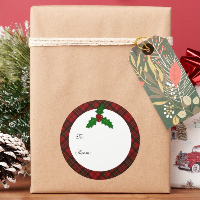 Pegatina Redonda Navidades rojos tartan Holly twig tu texto etiquet (Vacaciones)