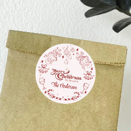 Pegatina Redonda Navidades rosados lindo doodle personalizado apell