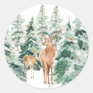 Pegatina Redonda Navidades rusos de venados de Woodland de invierno