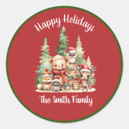 Pegatina Redonda Navidades RÚSTICOS ANIMALES DE WOODLAND