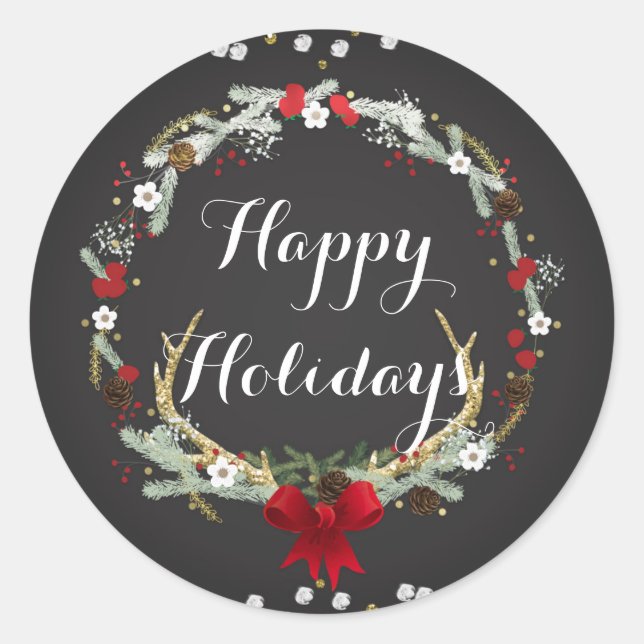 Pegatina Redonda Navidades Rústicos Antler Vieron Favor De Fiesta D (Anverso)