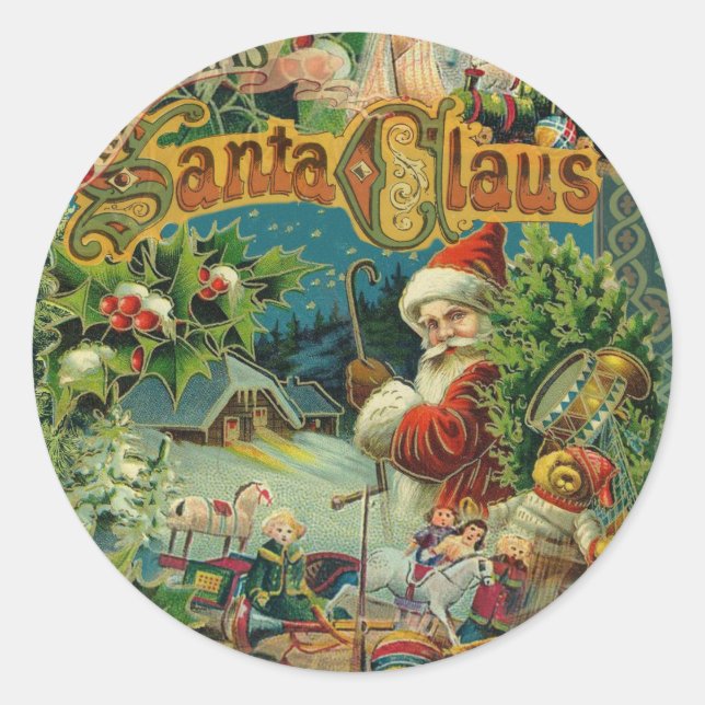 Pegatina Redonda Navidades Santa Claus Arte Antiguo (Anverso)