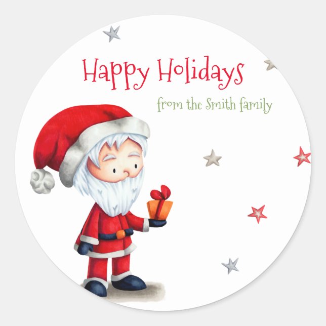 Pegatina Redonda Navidades Santa Claus con el presente personalizad (Anverso)