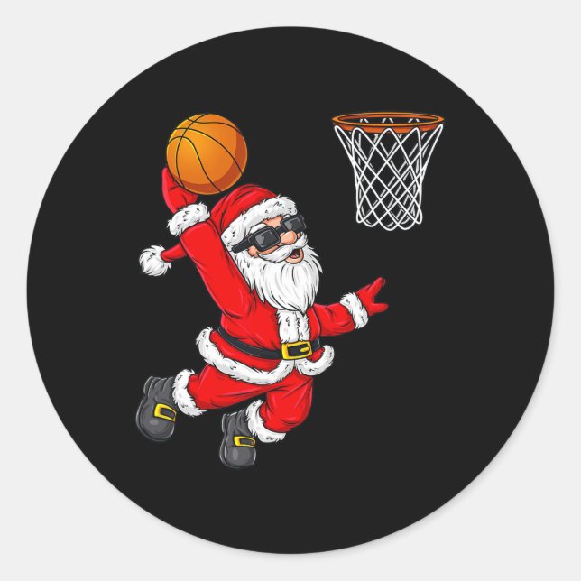 Pegatina Redonda Navidades Santa Claus Dunking A Basketball Boys Ki (Anverso)