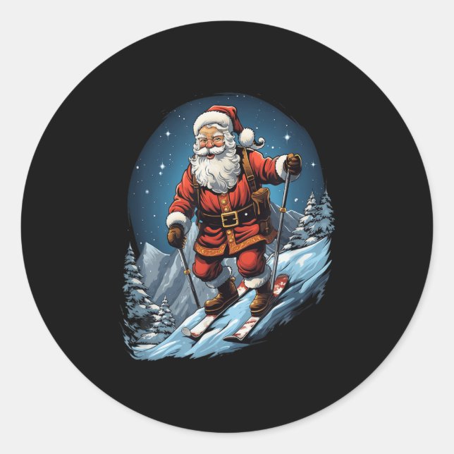 Pegatina Redonda Navidades Santa Claus Esquí de Navidad (Anverso)