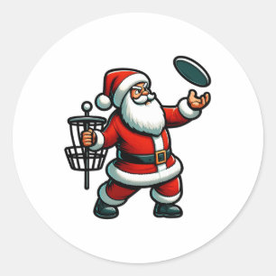 Pegatina Redonda Navidades Santa Claus Jugando al Disco Golf Pajama