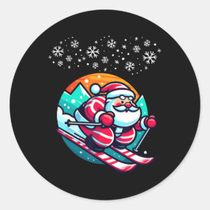 Pegatina Redonda Navidades Santa Claus Ski Hut Gracioso