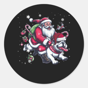 Pegatina Redonda Navidades Santa Claus viajando en Bulldog inglés n
