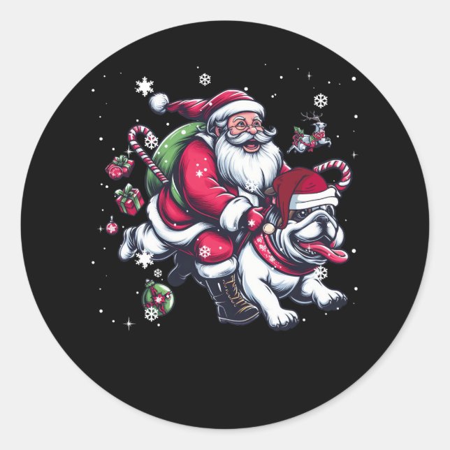 Pegatina Redonda Navidades Santa Claus viajando en Bulldog inglés n (Anverso)