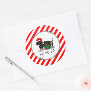 Pegatina Redonda Navidades Santa Dachshund (S black & tan) Gracioso