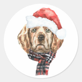 Pegatina Redonda Navidades Santa de Watercolor Golden Retriever