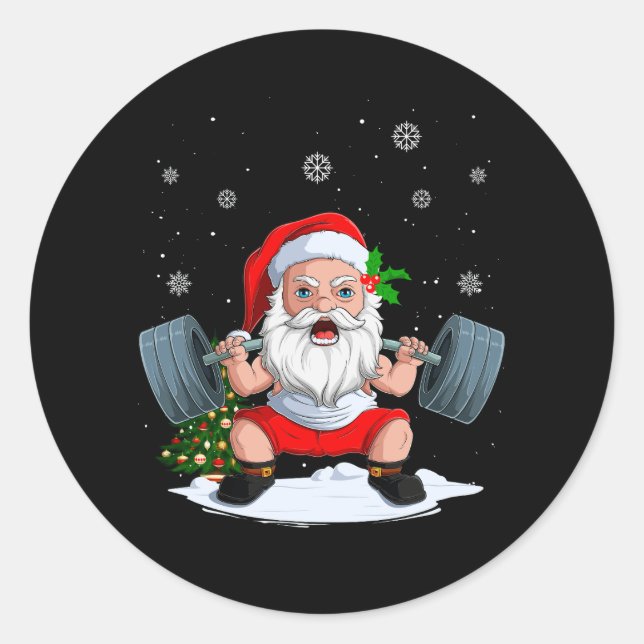 Pegatina Redonda Navidades Santa Deadlift Xmas Weightlifm Gym Lifti (Anverso)