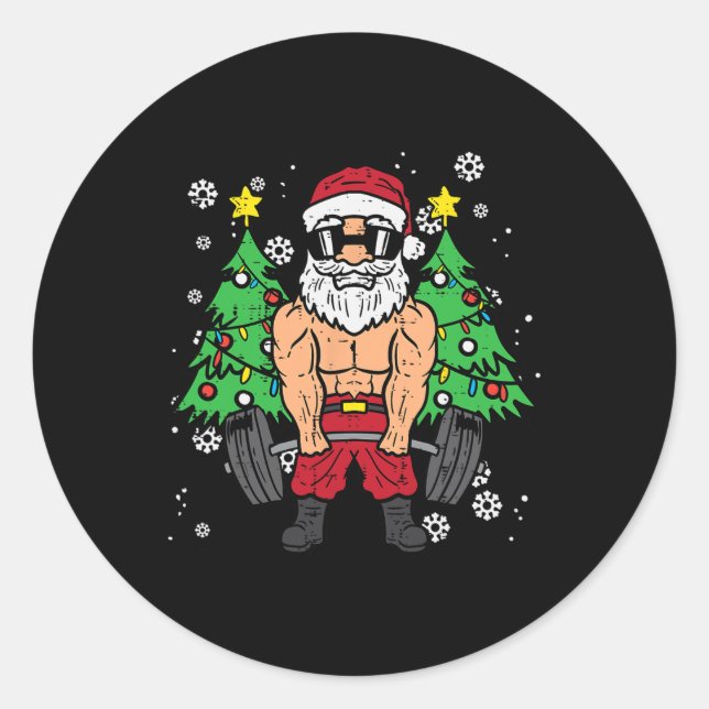 Pegatina Redonda Navidades Santa Deadlift Xmas Weightlifm Hombres W (Anverso)