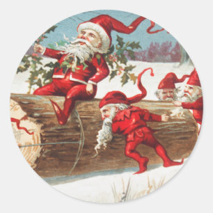 Pegatina Redonda Navidades Santa Elves se deslizan en una larga fes