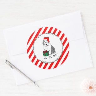 Pegatina Redonda Navidades Santa Old English Sheepdog (Gris 1) Cute