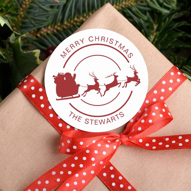Pegatina Redonda Navidades Santa y Personalizado de nombres de fami (Santa and Reindeer Christmas Classic Circle Sticker)