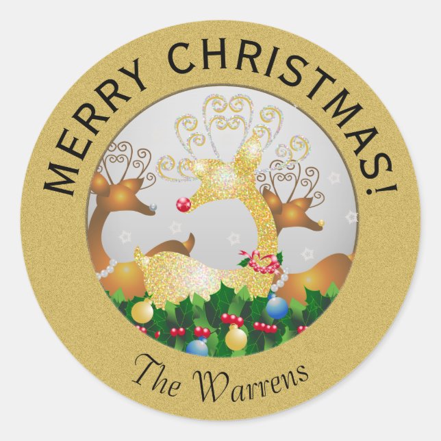 Pegatina Redonda Navidades Santa's Reindeer y la fiesta de las copa (Anverso)