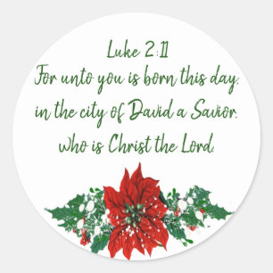 Pegatina Redonda Navidades Scripture Luke 2:11 Pointsettia Holly