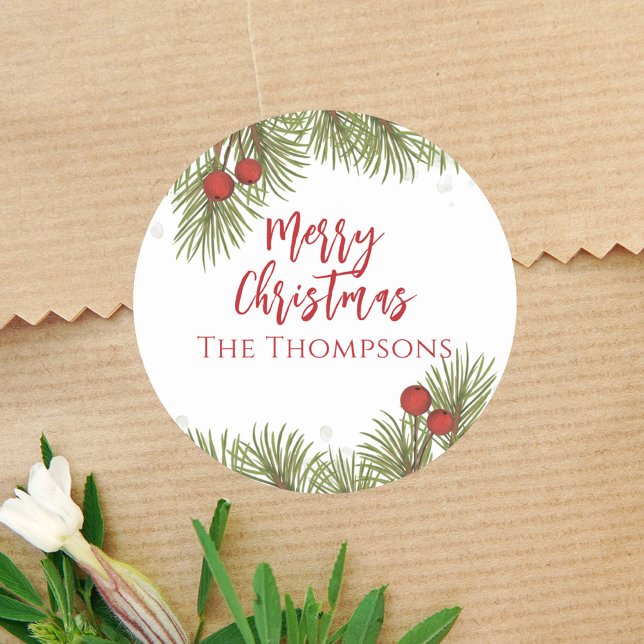 Pegatina Redonda Navidades Sencillo Red Holly Berries Pine Leaves (Elegant watercolor Merry Christmas holiday holly berries Sticker. )