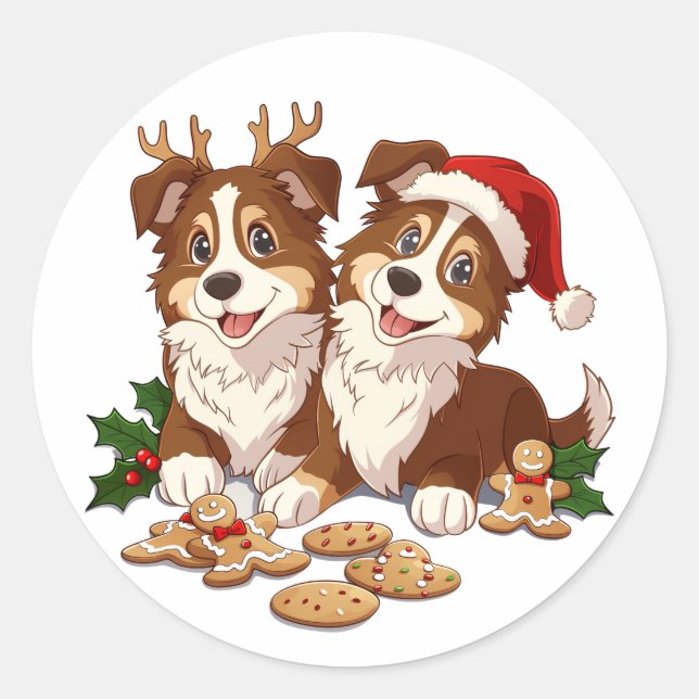 Pegatina Redonda Navidades Shetland Sheepdogs (Anverso)