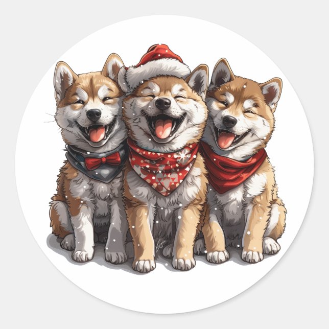 Pegatina Redonda Navidades Shiba Inu Santa Dogs (Anverso)