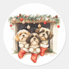 Pegatina Redonda Navidades Shih Tzu Dogs