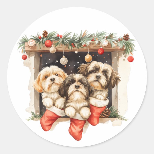 Pegatina Redonda Navidades Shih Tzu Dogs (Anverso)