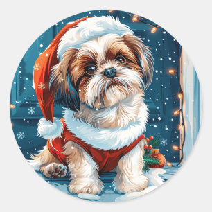 Pegatina Redonda Navidades Shih Tzu Santa Dog
