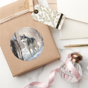 Pegatina Redonda Navidades Siberian Husky Let It Snow