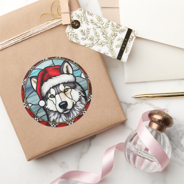 Pegatina Redonda Navidades Siberian Husky Staines Glass (Regalar)