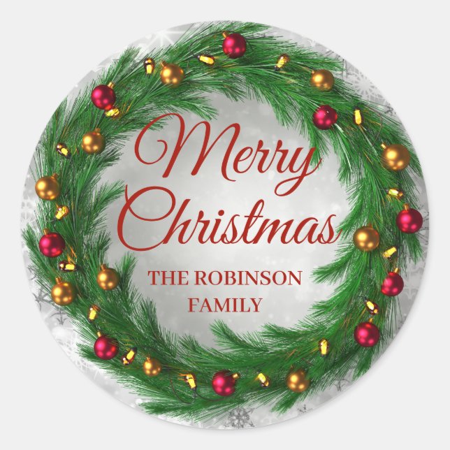 Pegatina Redonda Navidades Silver Winter Sparkle Festive Wreath (Anverso)