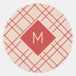 Pegatina Redonda Navidades simples cheques de monograma rojo y crem