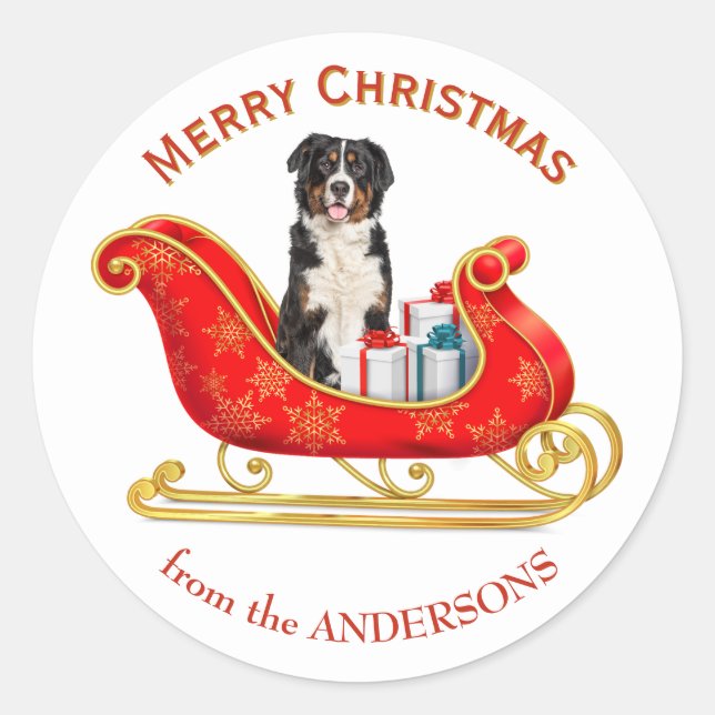 Pegatina Redonda Navidades Sleigh Bernese Mountain Dog (Anverso)