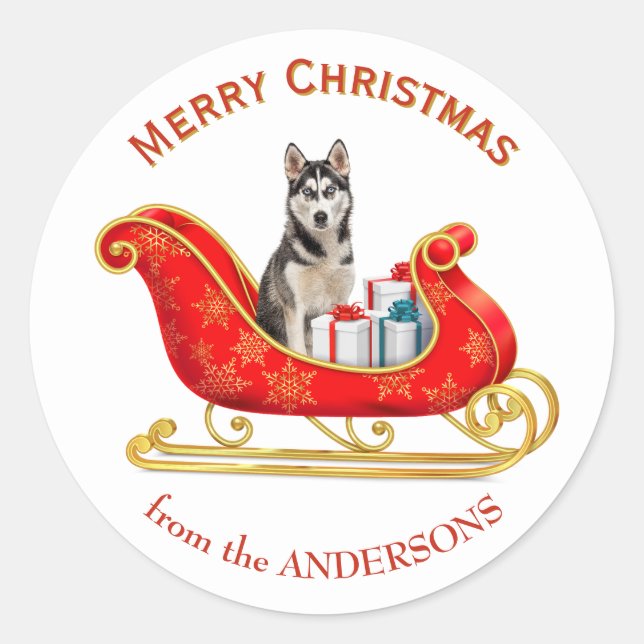 Pegatina Redonda Navidades Sleigh Siberian Husky Dog (Anverso)
