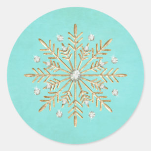 Pegatina Redonda Navidades Snowflakes Aqua & Gold
