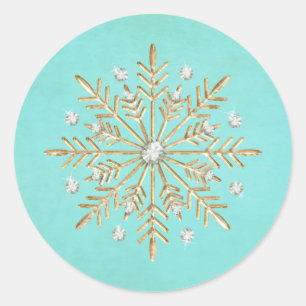 Pegatina Redonda Navidades Snowflakes Aqua & Gold