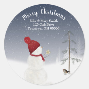 Pegatina Redonda Navidades snowman en copos de nieve