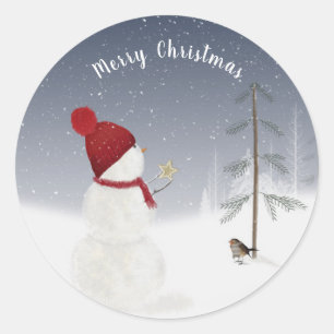 Pegatina Redonda Navidades snowman en copos de nieve