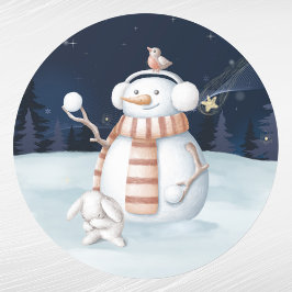 Pegatina Redonda Navidades Snowman Snowball Rabbit Watercolor