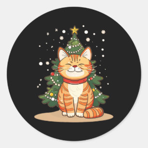 Pegatina Redonda Navidades Sonrientes Mañana Gato Por Temporada De 