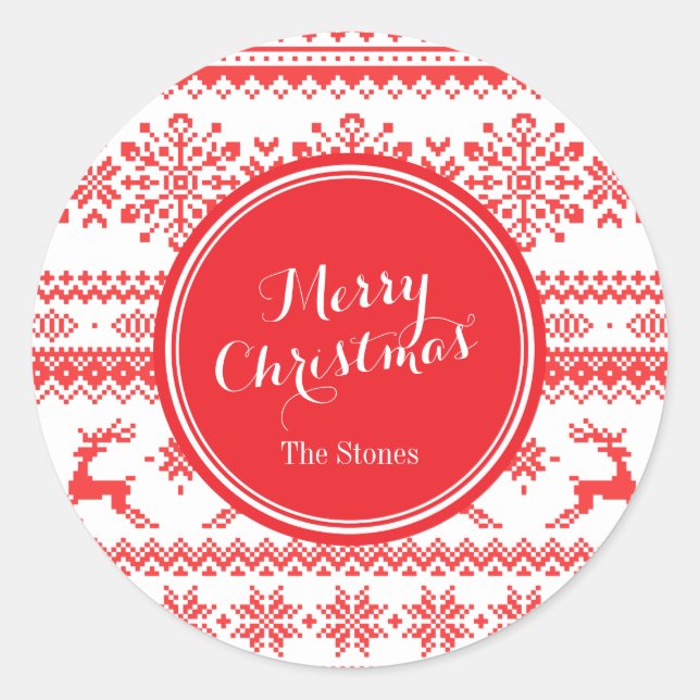 Pegatina Redonda Navidades suéter rojo liso monograma de patrón (Anverso)