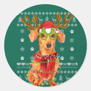 Pegatina Redonda Navidades suéteres feos iluminan dachshund