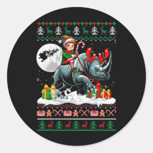 Pegatina Redonda Navidades Sweater Elf Riding Rhino Matando Niños T