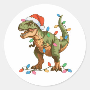 Pegatina Redonda Navidades T Rex Dinosaur Xmas Dino Tyrannosaurus