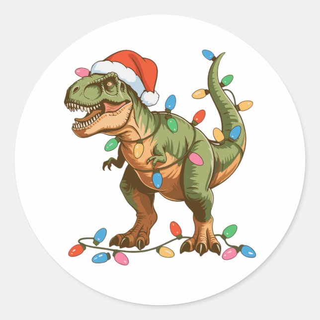 Pegatina Redonda Navidades T Rex Dinosaur Xmas Dino Tyrannosaurus (Anverso)