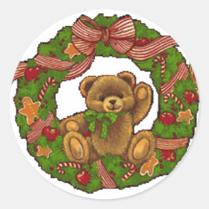 Pegatina Redonda Navidades Teddy Bear Wreath